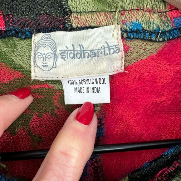 Siddhartha Women's Colorful Pullover Hooded Knit Poncho - Red Blue - One Size - Picture 5 of 5